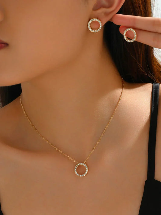 Charming & Elegant Diamond Pendant Necklace 1pair Round Earrings